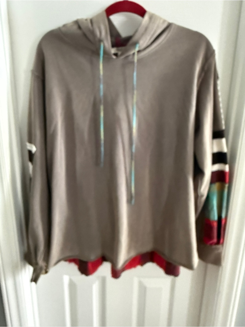 easel Taupe Hoodie with Multicolor Sleeve Stripes and Red Hem